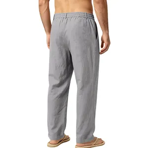 Detailed back view of men's gray loose-fit straight linen casual trousers for all seasons