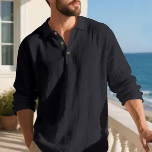 Casual black linen long sleeve shirt for men featured in a relaxing beach setting