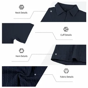 Détails du col, des poignets et du tissu de la chemise à manches courtes bleu marine.
