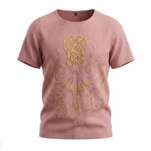 T-shirt da uomo a maniche corte in finto lino con stampa polpo dorato e texture rosa fiammato