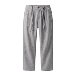 Front view of men's casual grey linen-look straight trousers with drawstring waist.