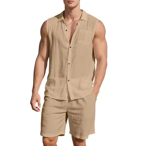 Detail of men's beige linen-blend sleeveless shirt and shorts set with breathable texture