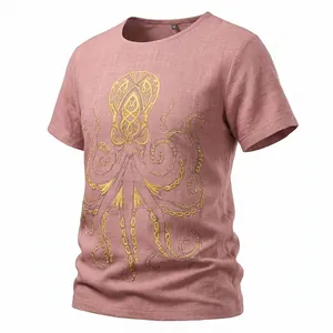 T-shirt da uomo in finto lino con stampa decorativa di polpo dorato sulla parte anteriore.