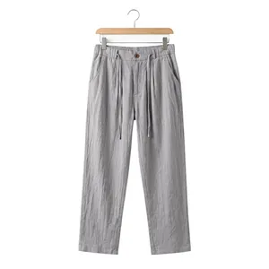 Front view of men's casual linen straight trousers in grey with drawstring waist