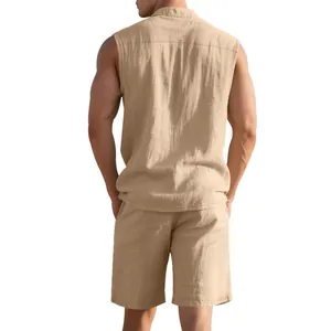 Back view detail of men's beige cotton linen sleeveless shirt and shorts set