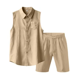 Men's casual summer khaki linen sleeveless lapel shirt and matching drawstring shorts set