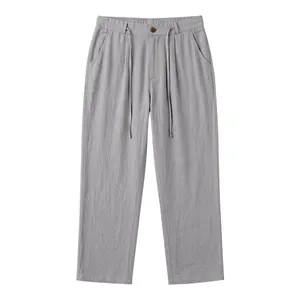 Men's loose linen trousers in light grey with a comfortable elastic drawstring waist.