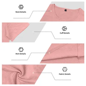 Dettagli del collo, polsini, orlo e trama del tessuto della t-shirt da uomo