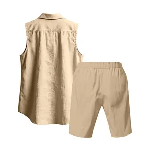 Back view of men's casual linen-textured sleeveless shirt and shorts set in beige