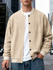 Men's American Style Varsity Knitted Cardigan Jacket Cable Knit Loose Fit Flight Bomber Top For Autumn Casual Wear