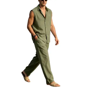 Men's casual olive green sleeveless linen shirt and matching trousers two-piece set