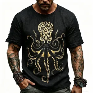 Dettaglio t-shirt nera da uomo con stampa polpo dorata e consistenza lino.