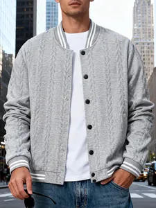 Men's grey cable-knit baseball jacket with striped ribbed trim and snap closure