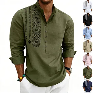 Men's Casual Linen Henley Shirt Long Sleeve Stand Collar Ethnic Geometric Print Loose Summer Beach Vacation Breathable Top