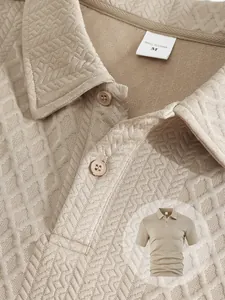 Close-up of men's beige jacquard polo shirt showing intricate texture and collar detail