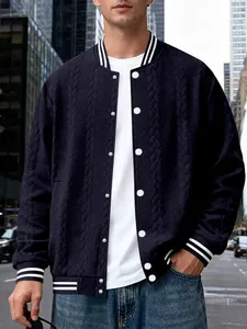 Men's loose navy blue cable-knit bomber jacket with striped trim and white buttons