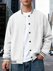 Men's white cable knit baseball jacket cardigan with black stripe collar and cuffs