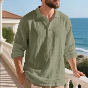 Detailed view of sage green men's linen long sleeve shirt with button polo collar