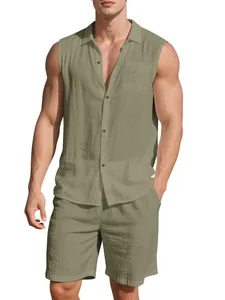 Summer men's casual olive green linen sleeveless shirt and shorts two-piece set