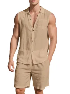 Men's summer khaki linen sleeveless button down shirt and shorts casual two-piece set