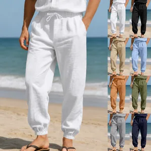 Men's Casual Linen Blend Jogger Pants Breathable Elastic Drawstring Waist Summer Beach Loose Sweatpants Pockets Ankle Cuffs Bottoms