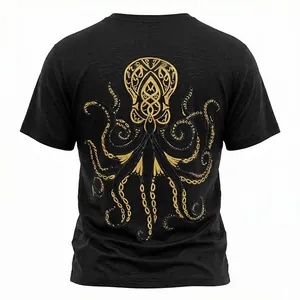 T-shirt nera testurizzata da uomo con stampa artistica di polpo dorato sulla schiena