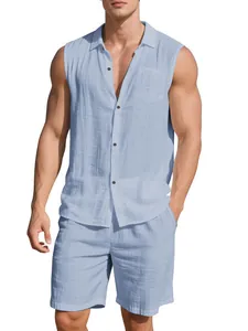 Men's casual linen two-piece set featuring a sleeveless shirt and shorts in light blue