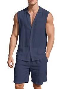 Men's casual navy blue linen blend sleeveless button-down shirt and matching shorts set