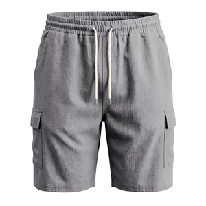 Pantalones cortos tipo cargo para hombre de lino y algodón gris con cordón ajustable