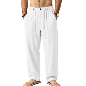 Men's casual white linen pants with drawstring waist and loose fit straight leg design.