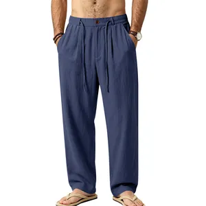Men's casual loose linen straight-leg pants with drawstring waist in navy blue color