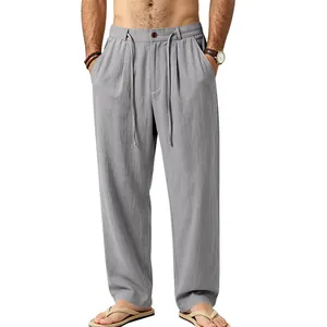 Casual men's loose fit grey linen trousers with comfortable drawstring waist design