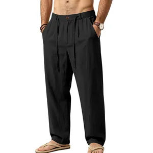 Premium men's loose linen casual pants with adjustable drawstring in solid black