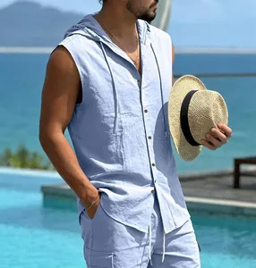 Men's casual light blue sleeveless linen hooded shirt with matching shorts in beach style
