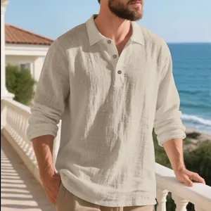 Men's casual linen shirt with long sleeves and buttons on a sunny seaside balcony