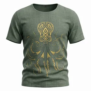 Dettaglio t-shirt da uomo verde effetto lino con stampa di polpo dorato, vista macro