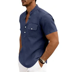 Men's casual linen short-sleeve Henley shirt in navy blue with chest pocket and buttons