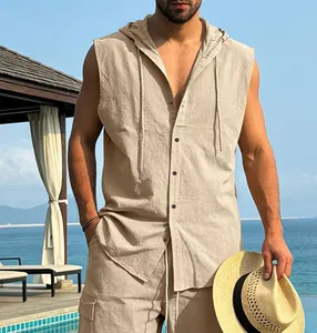 Detailed view of a men's casual beige linen hooded shirt with button-down front.