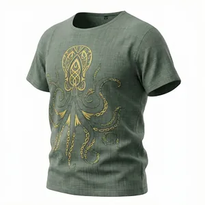 Vista dettagliata della t-shirt da uomo verde effetto lino con stampa polpo celtico d'oro