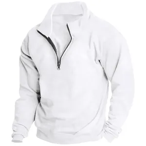 Detail showing the stand collar and half-zipper design on a white men's sweatshirt