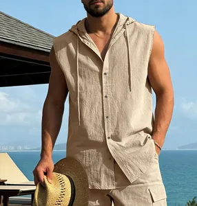Close-up of men's casual sleeveless linen hooded shirt in beige for summer travel