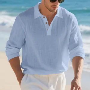 Men's casual light blue linen long-sleeve shirt with lapel buttons for beach vacations