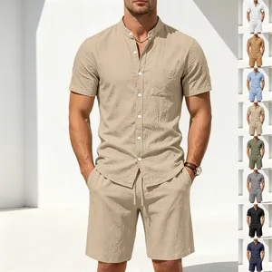 Übersicht der Farboptionen für das Herren Leinen Henley Set in Beige, Marine und Grau