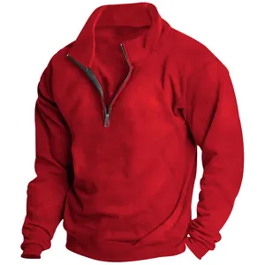 Detail of red men's fleece sweatshirt with stand collar and functional half-zipper design