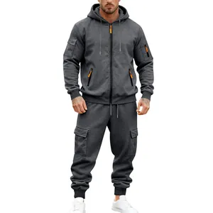 Dunkelgrauer Herren Winter Fleece Kapuzenanzug Zweiteiler mit Cargotaschen
