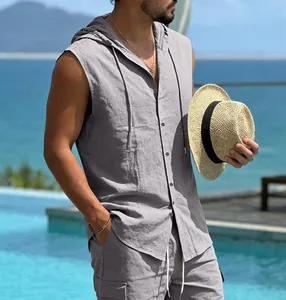 Detailed view of the textured grey linen sleeveless hooded shirt for casual summer wear