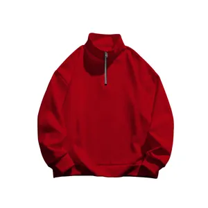 Front view detail of mens half-zip fleece sweatshirt with stand collar in red