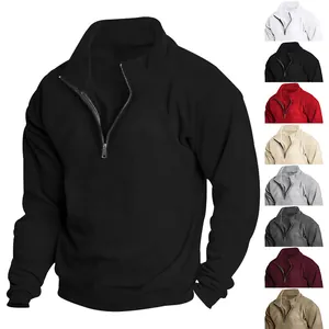 Close-up of men's half-zip fleece sweatshirt with stand collar available in multiple colors
