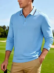 Polo da golf classica a maniche lunghe azzurra da uomo con eleganti dettagli a righe