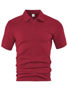 Close-up detail of red jacquard textured men's polo shirt with breathable fabric
